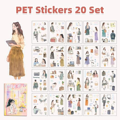 Quiet Office Sticker Scrapbooking Supplies for Junk Journal, 20 Sheets PET Stickers - Vintage Journaling Stickers, Ephemera Sticker Book Pre Cut(TZ-009-008) - style: Quiet Office