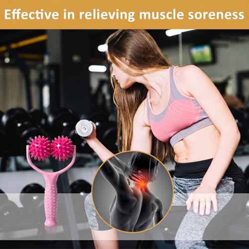 Handheld Spiky Massage Balls Rollers, 2 Wheel Spiky Silicone Manual Massage Roller with Ergonomic Handle, Portable Pressure Point Muscle Massages Tool for Foot Arm Body Neck Leg Pain Pressure Relief - color: Pink