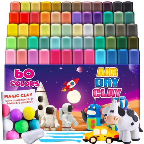 Air Dry Clay, 60 Colors Modeling Magic Clay for Kids | Includes Tools, Soft & Ultra Light, Ages 3-8+ Years, Boys & Girls - color: 60 Colors
