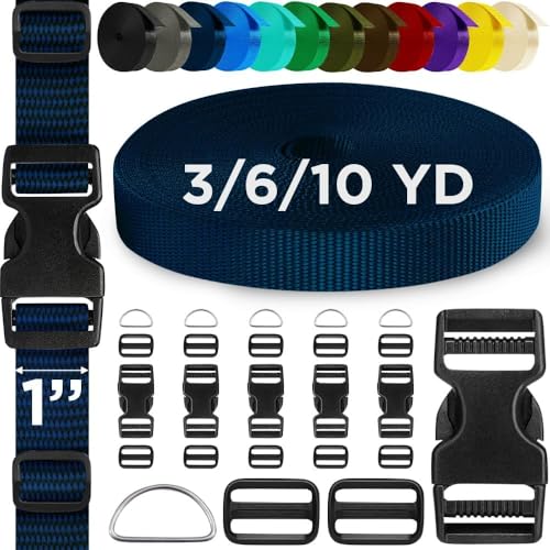 TECEUM 1" Nylon Strap Kit with Buckles, Navy Blue 6 yards Repair Set | Heavy duty hardware kit: 6yd webbing, 6 quick release buckles, 12 tri-glide slide clips, 6 metal D-rings for crafting. - color: Navy Blue, size: 1" - 6 yards, style: 6 Buckle - 12 Slid