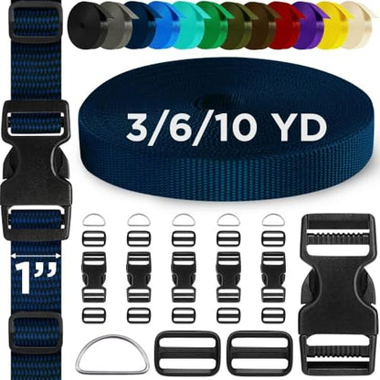 TECEUM 1" Nylon Strap Kit with Buckles, Navy Blue 6 yards Repair Set | Heavy duty hardware kit: 6yd webbing, 6 quick release buckles, 12 tri-glide slide clips, 6 metal D-rings for crafting. - color: Navy Blue, size: 1" - 6 yards, style: 6 Buckle - 12 Slid