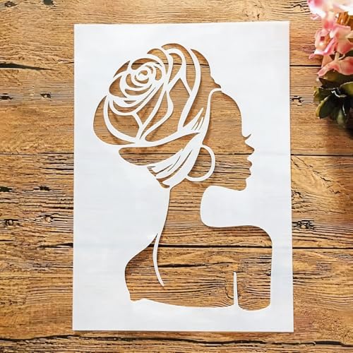 TIAMECH A4 Reusable African Girl Stencil for Painting | Fashion Hairstyle & Hoop Earrings Lady Layering Template, DIY Wall Art, Wood Furniture, Scrapbook & Crafts (8.3x11.7inch) - style: Beauty Girl