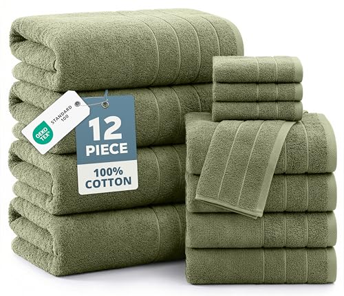 Casa Platino Towel Set for Bathroom 12 Piece Soft Absorbent - Oil Green | Shower Towels - Oversized & Roomy, Lightweight & Breathable, Fade-Resistant Color, Classic Terry Weave, Densely Woven - color: 02: Oil Green, size: 12 Piece Towel Set
