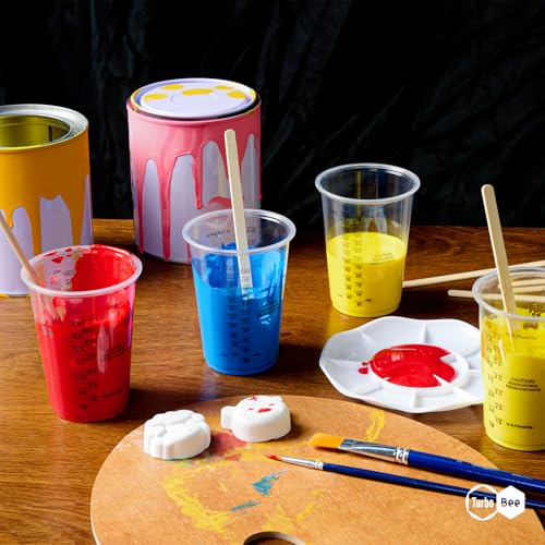 Turbo Bee Plastic Measuring Cups 8OZ,100 PACK Disposable Mixing Cups with 100 Mixing Sticks,Paint Graduated Measuring Tumblers for Epoxy Resin, Paint Mixing, Art DIY - size: 8oz-100pack