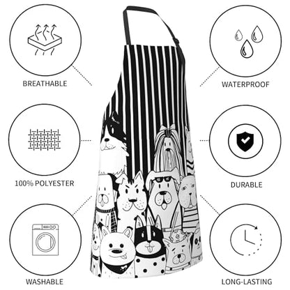 Art Apron with Pocket for Women Men | Kitchen Aprons Chef Apron for Cooking Baking BBQ Painting Gardening - color: Black Dogs With Stripes