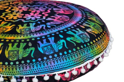 ICC Large Boho Ottoman Cover Pillowcase for Couch Floor Pillows & Cushion Covers Decorative Bohemian Hippie Mandala Pouf Pillow Cover Seating Meditation Cushion Cover (UP hathi, 32" Round) - size: 32" x 32" (Pack of 1), style: UP hathi