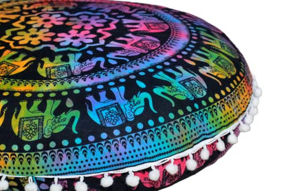 ICC Large Boho Ottoman Cover Pillowcase for Couch Floor Pillows & Cushion Covers Decorative Bohemian Hippie Mandala Pouf Pillow Cover Seating Meditation Cushion Cover (UP hathi, 32" Round) - size: 32" x 32" (Pack of 1), style: UP hathi
