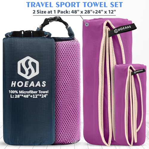 HOEAAS 2 Pack Microfiber Camping Towels, Quick Dry Towel, Super Absorbent Ultra Compact Travel Towel Soft Lightweight Sports Towel for Sweat Fast Drying Towels for Pool,Gym,Hiking,Backpacking,Fitness - color: Purple, size: L: 48" x 28"+24" x 12"