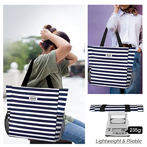 Buringer Large Waterproof Beach Bag for Women Sandproof Tote Bag with Zipper and Pockets Pool Bag for Travel Gym Vacation - color: Blue Stripes
