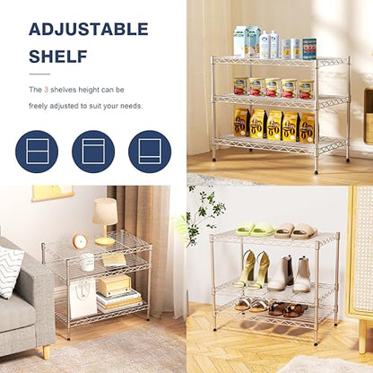 3-Tier Wire Shelf Rack,Kitchen Metal 3-Shelves Rack with Lockable Wheels - size: 3-Tier,24"x14"x22"(WxDxH)