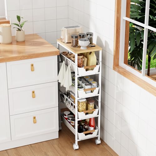 5-Tier Slim Storage Cart, Wooden Top Rolling Kitchen Cart with Pull-Out Baskets & Wheels, Narrow Space Utility Cart Slide Out Organizer for Kitchen, Bathroom, Laundry Room, White - color: White, size: 8.07" W × 14.37" D × 32.28" H