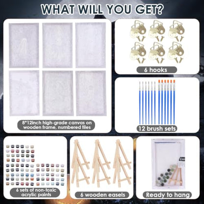 Honoson 6 Pcs Ghost DIY Paint by Number Kits for Adults | Framed Canvases with Easel, Ghost Decor, Acrylic Paints, Brushes for Beginner, Ideal for Haunted Wall Decor and Stress Relief - style: Ghost