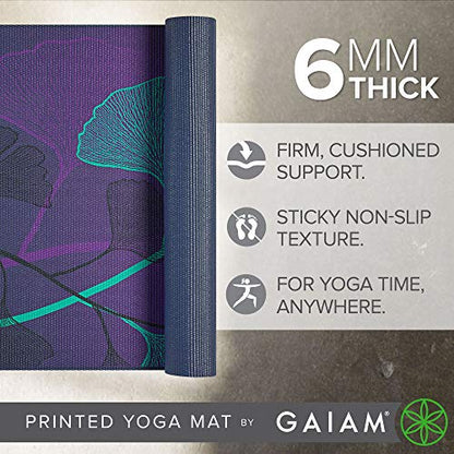 Gaiam Premium Yoga Mat, 6mm Thick Print Mat - color: Lily Shadows
