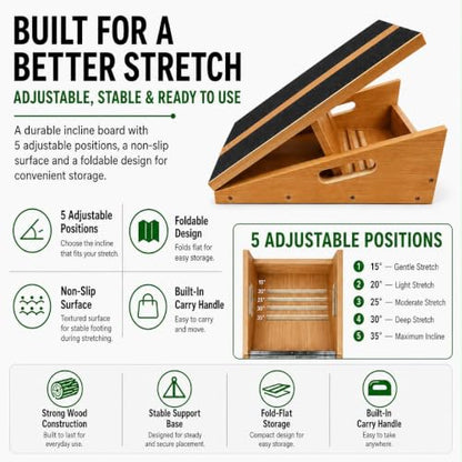 Professional Adjustable Wooden Slant Board, 5 Angle Incline Board for Calf Stretching, Squat Wedge & Ankle Mobility, Non-Slip Portable Exercise Board for Home Gym