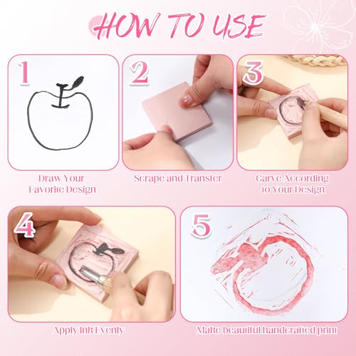 MotiMind 8 Pcs 3 Sizes Linoleum Blocks for Printmaking, Pink Rubber Stamp Carving Blocks, Soft Rubber Carved Bricks for DIY Printmaking Stamps Making and Craft Projects - size: 3 Sizes