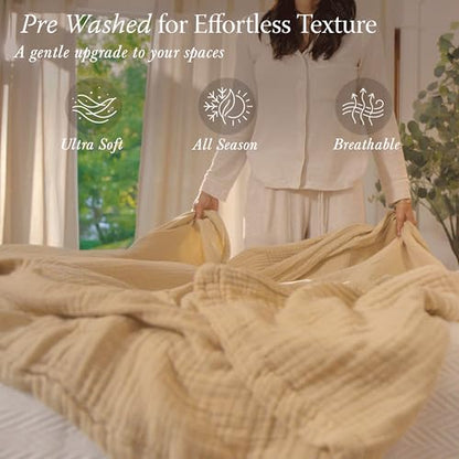 Threadmill Cotton Twin Blanket, Muslin, Beige, Prewashed, All-Season | 100% Cotton, Muslin Weave, Breathable, All-Season, Lightweight, OEKO-TEX Certified, Machine Washable - color: Beige, size: Twin