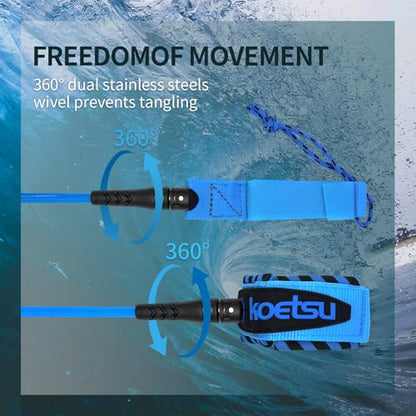 KOETSU Surf Leash 6ft/7ft/8ft/9ft/10ft - Premium Surfboard Leash for Shortboard/Longboard/SUP - 7mm Polyurethane Cord with Quick Release, Dual Swivel & Comfortable Neoprene Cuff - size: 9ft