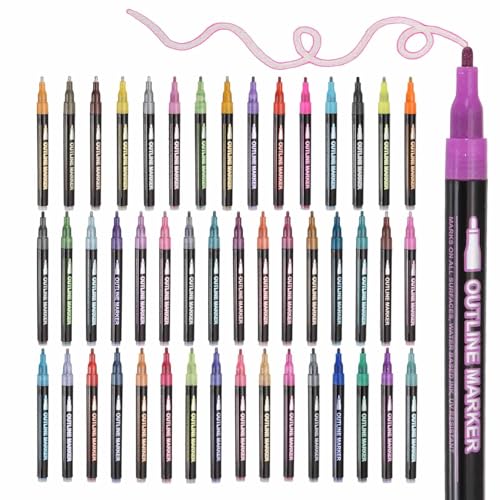 MECCANIXITY 48 Colors Double Line Out-Line Markers, Shimmer Markers Self Out-line Metallic Glitter Marker Pen Set for Scrapbook Drawing Birthday Greeting Cards Journal DIY Art Crafts
