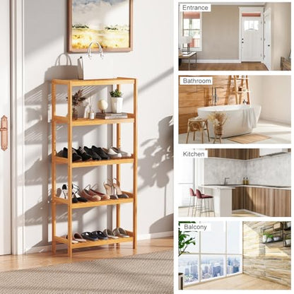 kinbor 5-Tier Bamboo Bathroon Shelf, Bamboo Rack Storage Shelving, Natural - size: 5-Tier