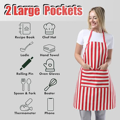 TOSHEX Kitchen Apron Cotton Waterdrop Resistant Adjustable Button Women Men | Premium Cotton Cooking Apron with Pocket. Striped, Gift, Red - color: Red