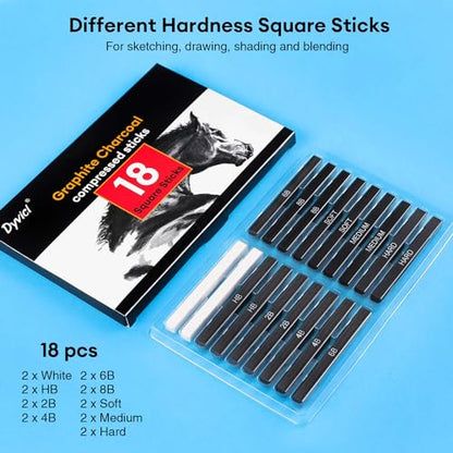 Dyvicl Compressed Graphite Charcoal Sticks, Black White Charcoal for Drawing, Sketching, Shading, Blending, Pack of 18 Charcoal Drawing Set for Beginners, Artists