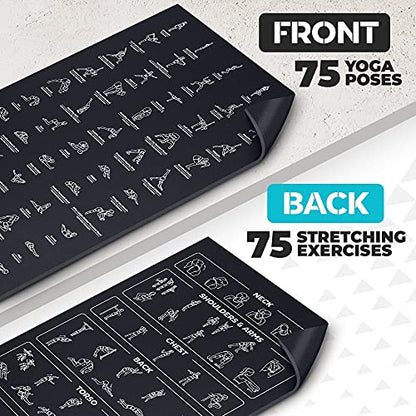 Instructional Yoga Mat with Carrying Strap: Cute Yoga Mat with 75 Illustrated Yoga Poses + 75 Easily-Followed Stretching Exercises - 1/4” Thick, Non-Toxic, Non-Slip Yoga Mats for Women and Men - color: Jet Black (72" x 32")