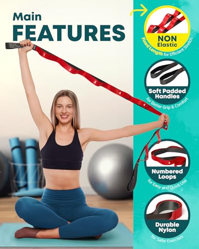 Stretching Strap with Loops - Non Elastic Yoga Strap for Physical Therapy - style: 12 Loops - Red