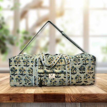 Large Capacity Handblock Printed Yoga Mat bag for Women, Gym Bag, Fits Yoga Blocks, Adjustable strap, Pilates, Gym, Fitness Block & Gear, Light and Durable - color: Meadow Haze