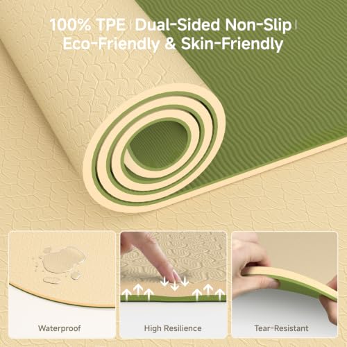 WeiLa Extra Thick Yoga Mat (10mm), Large TPE Workout Mat 74"x28" with Strap - color: Cream & Matcha Green