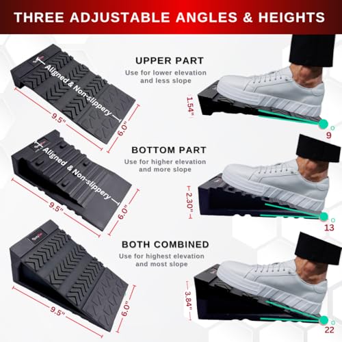 Squat Wedge Block - Non Slip Rubber - 3 Adjustable Angles - Men Shoe Size up to US11-4Pcs Set - Heel Elevated Squat - Calf Raises Ramp - Weight Lift & Stretch - 2 Bands & a Carry on Bag