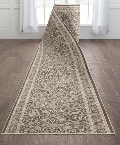 Well Woven Custom Size Hallway & Stair Runner- Asha Rome Charcoal Brown 26 Inches Wide Super Thin Long Runner (26" x 3' Runner) Rug - Floral, Easy Clean, Floor-Friendly Backing - size: 2'2" x 3' (Runner)