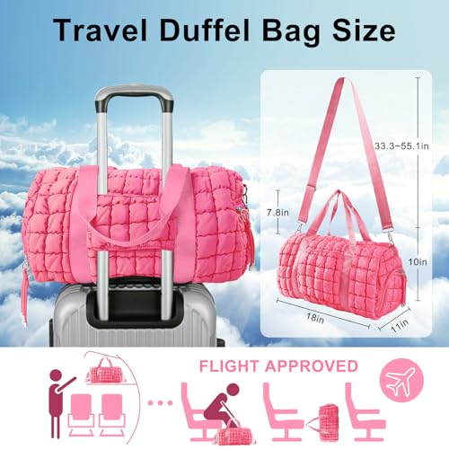 Quilted Travel Duffle Bag Gym Bag for Women,Large Puffer Duffle Weekender Bag with Compartment,Workout Overnight Carry on Organizer Bag Duffle Bag for Airplane Travel(Pink) - color: Pink, size: Medium