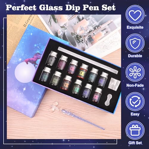 Luxiv Glass Dip Pen Set, Purple Crystal Pen With Ink, Holder, and Package - color: Purple, style: Sets (15Pcs)