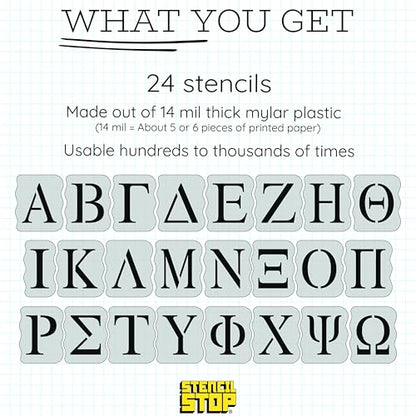 Stencil Stop Greek Letter Stencil Kit for Painting & Tracing, 14 Mil Mylar Plastic, 4 Inch Tall Letters