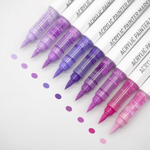 Water Based Acrylic Paint Markers, 9 Colors Paint Pen Set | Purple Series, Soft Brush Tip, Smooth Writing, Marker Pen for Rock Painting, Egg, Wood, Glass, Mugs, Black Paper - color: Purple Series