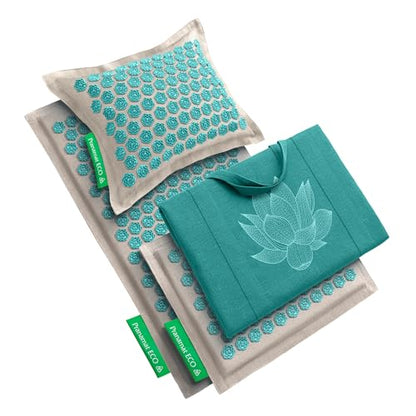 Pranamat Acupressure Large & Small Mat with Pillow and Bag Set, Premium Acupressure Therapy for Pain Relief and Relaxation, Handcrafted in Europe with Sustainable and Natural Materials (Lagoon) - color: Lagoon