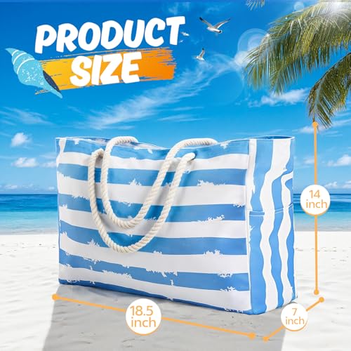 SRISE Large Beach Bag for Women & Men, Beach Bags Waterproof Sandproof, Travel Tote Bag, Swim Pool Bag for Family Outdoor - color: Blue White