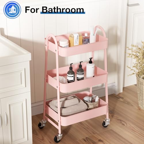 OLIXIS Metal 3 Tiers Rolling Storage Utility Cart with Lockable Wheels - color: Pink, size: 3-Tiered 17 inches