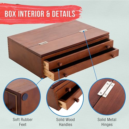 U.S. Art Supply 2-Drawer Artist Tool Supply Box with Locking Clasps & Fold-Up Drawing Easel - Walnut Color Art Box for Artist Supplies, Brushes, Pencils, Erasers, Tool Storage Organizer Case