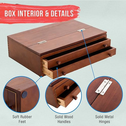 U.S. Art Supply 2-Drawer Artist Tool Supply Box with Locking Clasps & Fold-Up Drawing Easel - Walnut Color Art Box for Artist Supplies, Brushes, Pencils, Erasers, Tool Storage Organizer Case