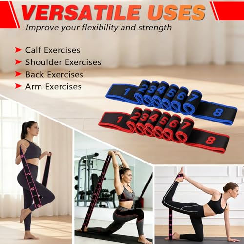 Fitness Stretch Belt, 8 Loop Resistance Band Elastic Training Strap with Numbered Markings for Full Body Workout Physical Therapy, Pilates, Dance & Home Fitness - color: Red & Blue