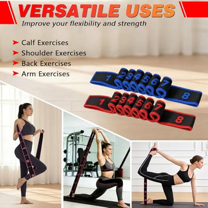 Fitness Stretch Belt, 8 Loop Resistance Band Elastic Training Strap with Numbered Markings for Full Body Workout Physical Therapy, Pilates, Dance & Home Fitness - color: Red & Blue