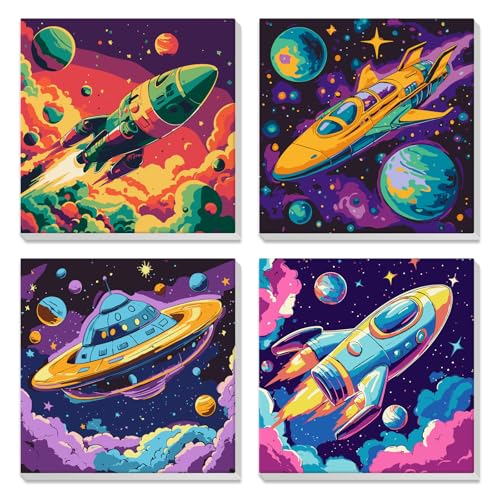 4 Pack Paint by Numbers for Kids with Wooden Framed, Space Rocket, Spaceship, Paint by Number Kits on Canvas for Beginner, Acrylic Oil Painting Kits for Home Decor 8x8 inch, Colorful Planets and Stars - color: dark blue