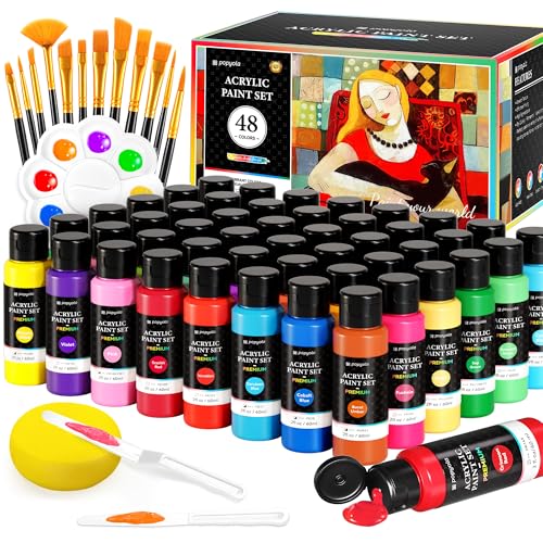 64 PCS Acrylic Paint Set, 48 Colors (2oz/60ml) Art Craft Paint | with 12 Brushes, 2 Knives & Palette, Paint for Adults Artists Beginners, Canvas Ceramic Rocks Wood Painting Kit Art Supplies - color: Classic Colors, size: 2 Fl Oz (Pack of 48)