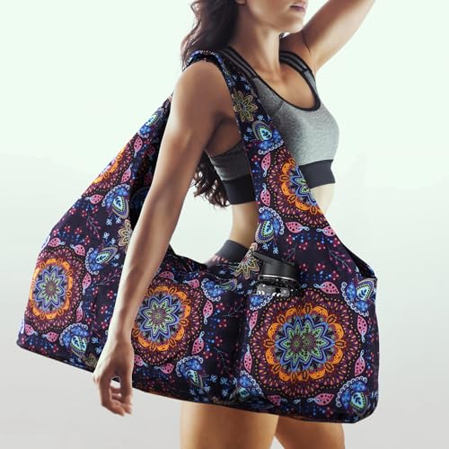 Large Yoga Mat Bag Yoga Bags and Carriers Fits All You Stuff Yoga Tote Bag with Yoga Mat Strap, Elastic Pockets and Zipper Pockets - color: purple yellow