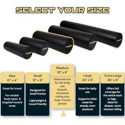 Foam Roller for Muscle Massage, Stiff Back Pain Relief, Physical Therapy, Deep Tissue, Exercise Equipment for Home Gym, Stress, Yoga, Pilates for the fit Citizen (Black, Medium 18 x 6 Inches) - size: Medium 18 x 6 Inch