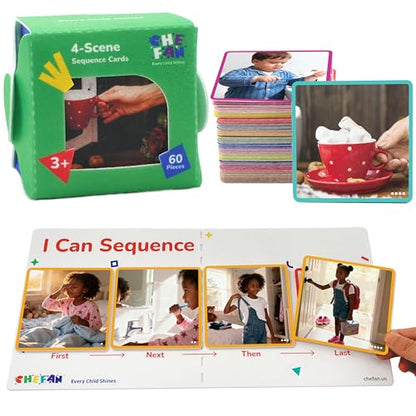 CHEFAN Sequencing Cards for Kids, Speech Therapy Sequence Game with Board, Preschool Kindergarten Storytelling Sentence Building Learning Activities (4 Steps) - size: 4-Step Board