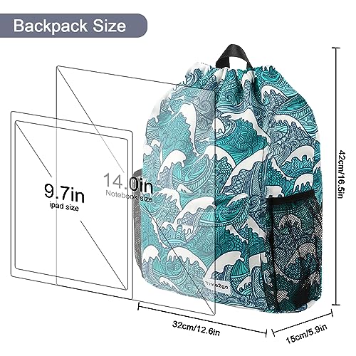 Waterproof Drawstring Backpack Sports Gym Sackpack with Mesh Pockets Water-Resistant String Cinch Beach Bag for Men Women - color: Print - Blue Waves