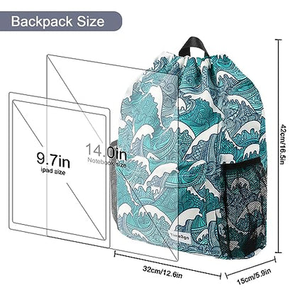 Waterproof Drawstring Backpack Sports Gym Sackpack with Mesh Pockets Water-Resistant String Cinch Beach Bag for Men Women - color: Print - Blue Waves