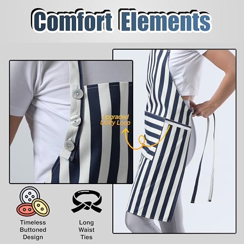 TOSHEX Kitchen Apron Cotton Waterdrop Resistant Adjustable Button Women Men | Premium Cotton Cooking Apron with Pocket. Striped, Gift, Navy Blue - color: Navy Blue